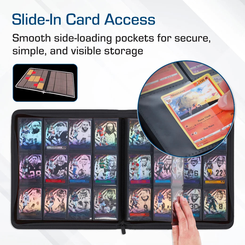 A black slide-in card organizer binder shown open, filled with collectible cards in protective sleeves. The image includes marketing text about smooth side-loading pockets, a small inset showing the interior layout, a circular close-up of cards, and a hand sliding the cover open.