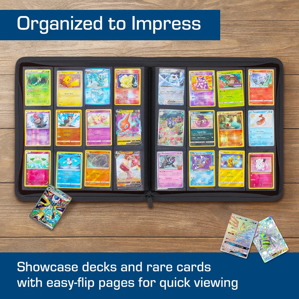 A black zippered card organizer case laid open on a wooden surface, filled with colorful trading cards in two columns. Three extra cards are placed beside the case.