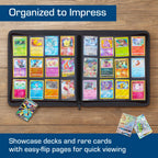 A black zippered card organizer case laid open on a wooden surface, filled with colorful trading cards in two columns. Three extra cards are placed beside the case.
