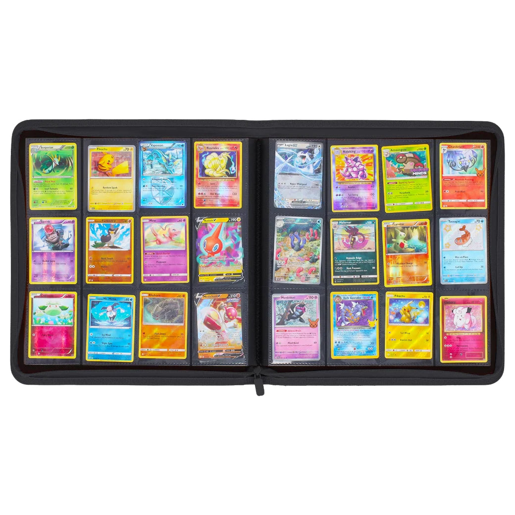 An open black card binder filled with multiple colorful Pokémon trading cards, photographed flat against a plain white background.