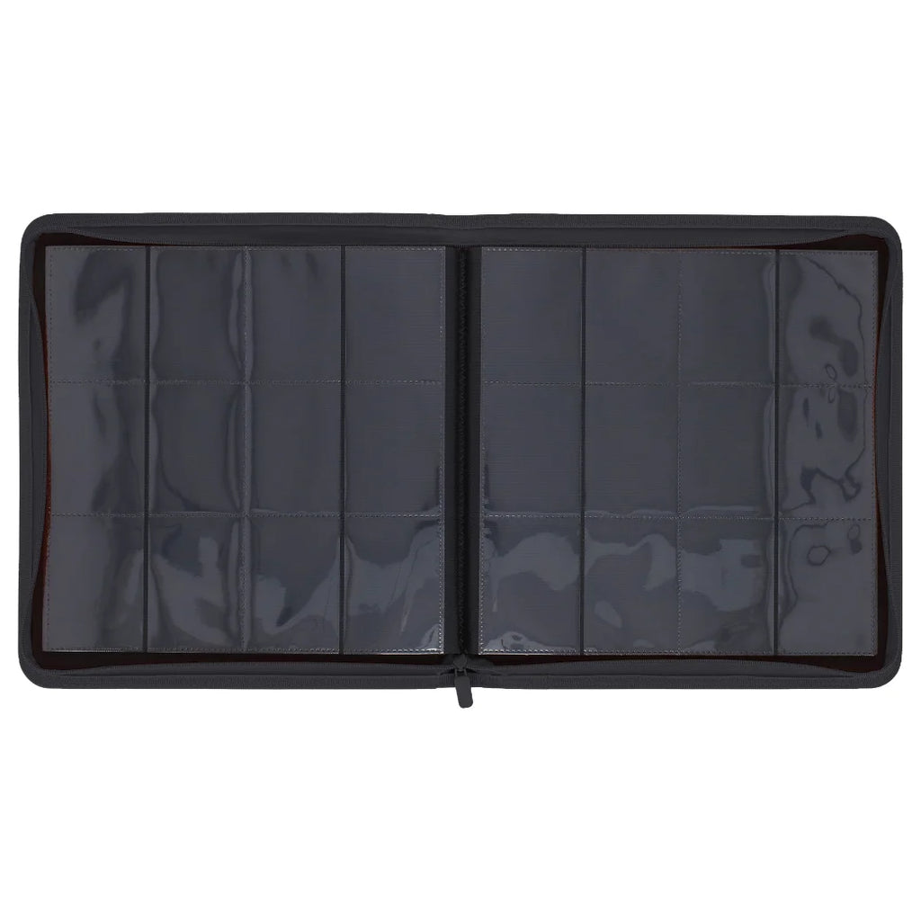 An open black zippered binder or organizer with multiple clear plastic sleeve compartments, shown against a plain white background.