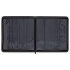 An open black zippered binder or organizer with multiple clear plastic sleeve compartments, shown against a plain white background.