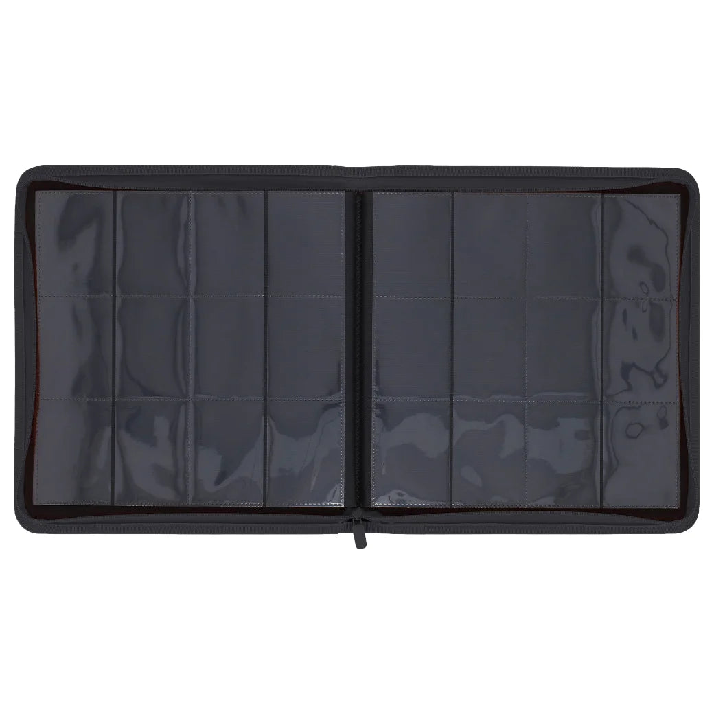An open black zippered binder or organizer with multiple clear plastic sleeve compartments, shown against a plain white background.