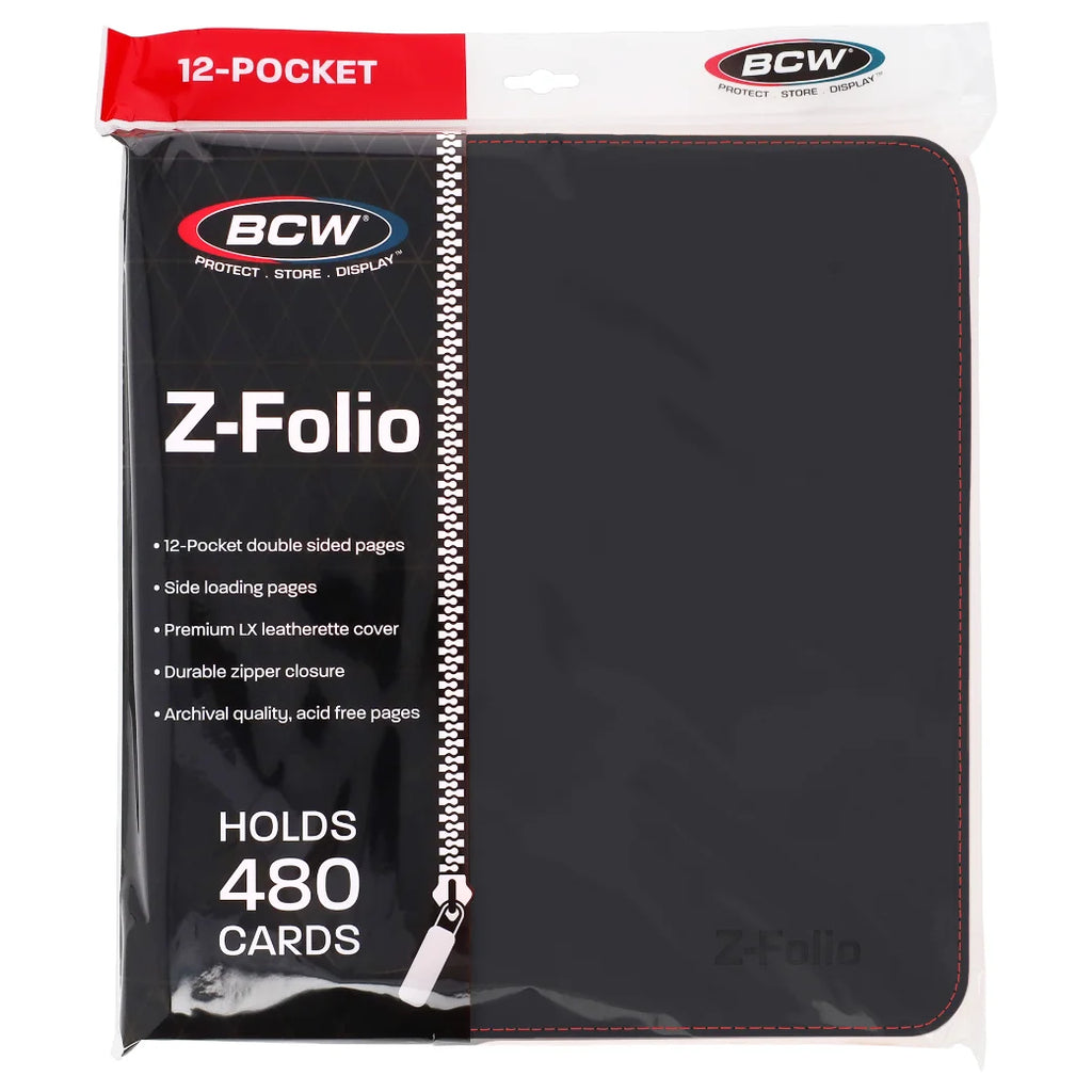 BCW Z-Folio 12-pocket card sleeve in black leatherette cover with red stitching, shown in its retail packaging with a clear window and printed product details.