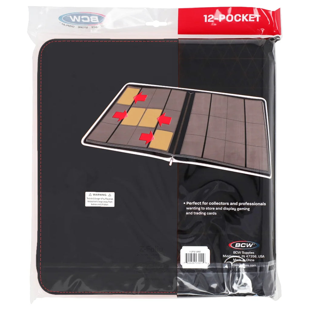 BCW 12-Pocket Black Storage Game Folder in its original plastic packaging, featuring a black cover with red stitching and a printed graphic of the open 12 pockets.