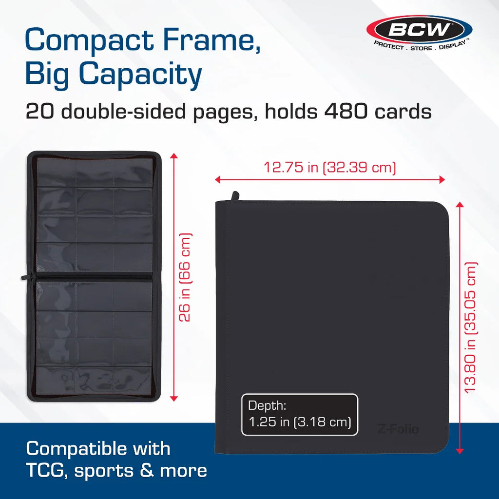 Black card organizer with dimensions and BCW branding