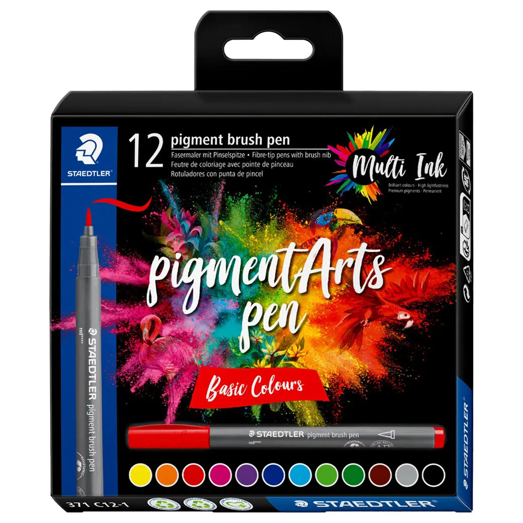STAEDTLER Pigment Arts Brush Pen 371 (basic colours 12 pcs) | Illustration & drawing art supplies Australia