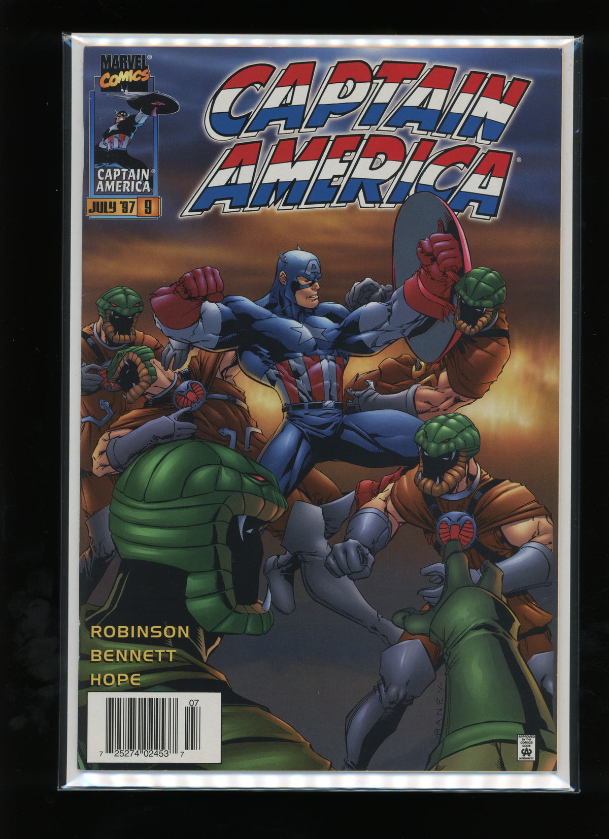 Front cover of Captain America #9 (1997) Newsstand edition by Tom Raney – Marvel Comics raw comic book
